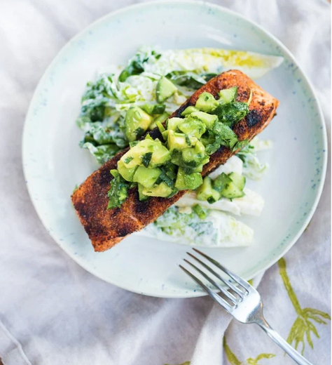 Grilled Salmon Salad with Avocado Cucumber Salsa
