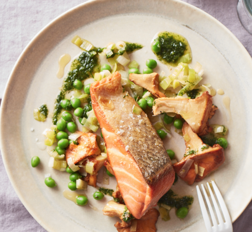 Pan-Seared Salmon with Chanterelles, Peas and Dill-Chive Sauce