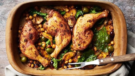 Baked Chicken Legs with Chickpeas, Olives and Greens